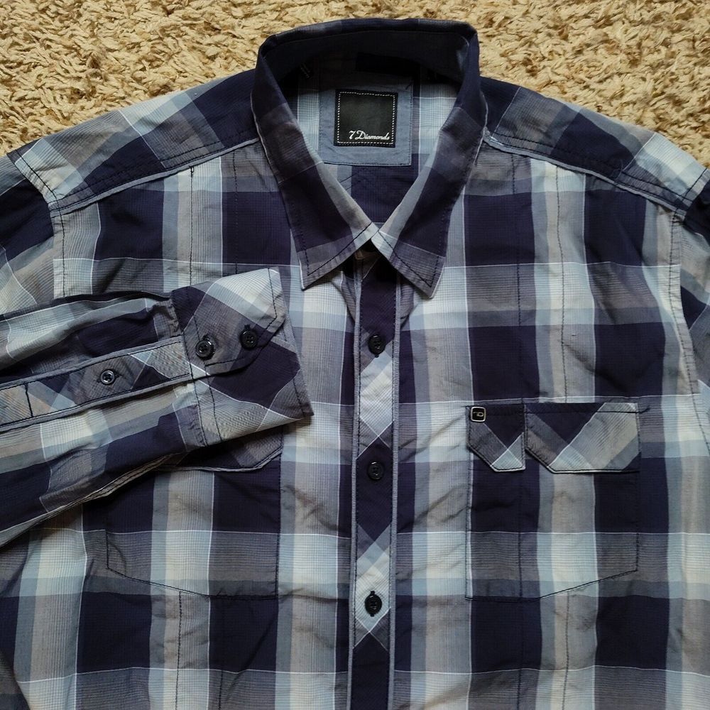 7 Diamonds Blue‎ Plaid Men Sz L Long Sleeve Button Up Casual Shirt